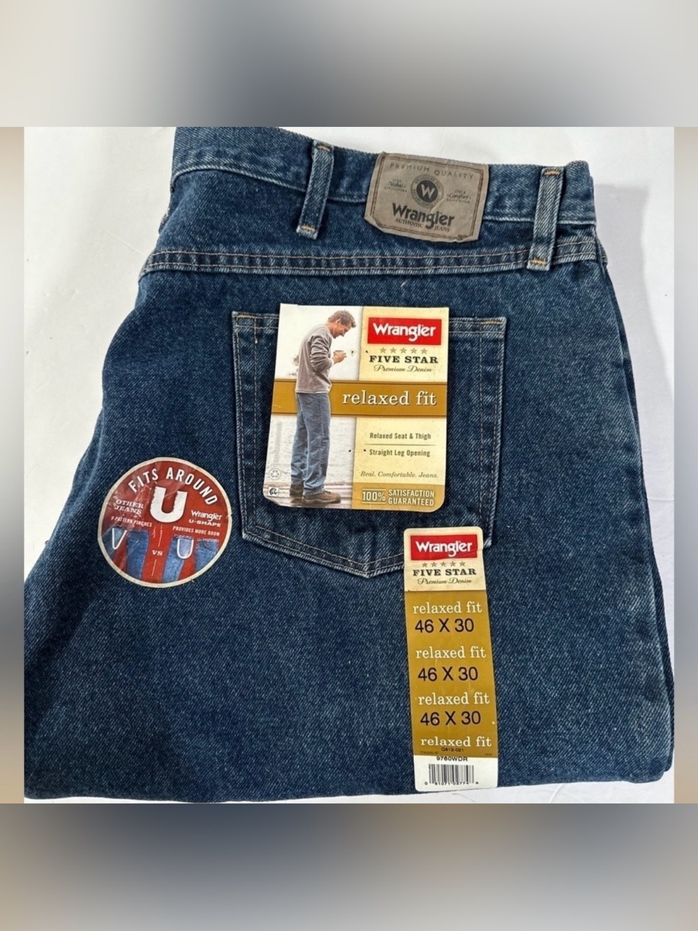 Wrangler Five Star Premium Jeans Mens 46x30 Blue Relaxed Fit Straight Leg Flex - Picture 8 of 9